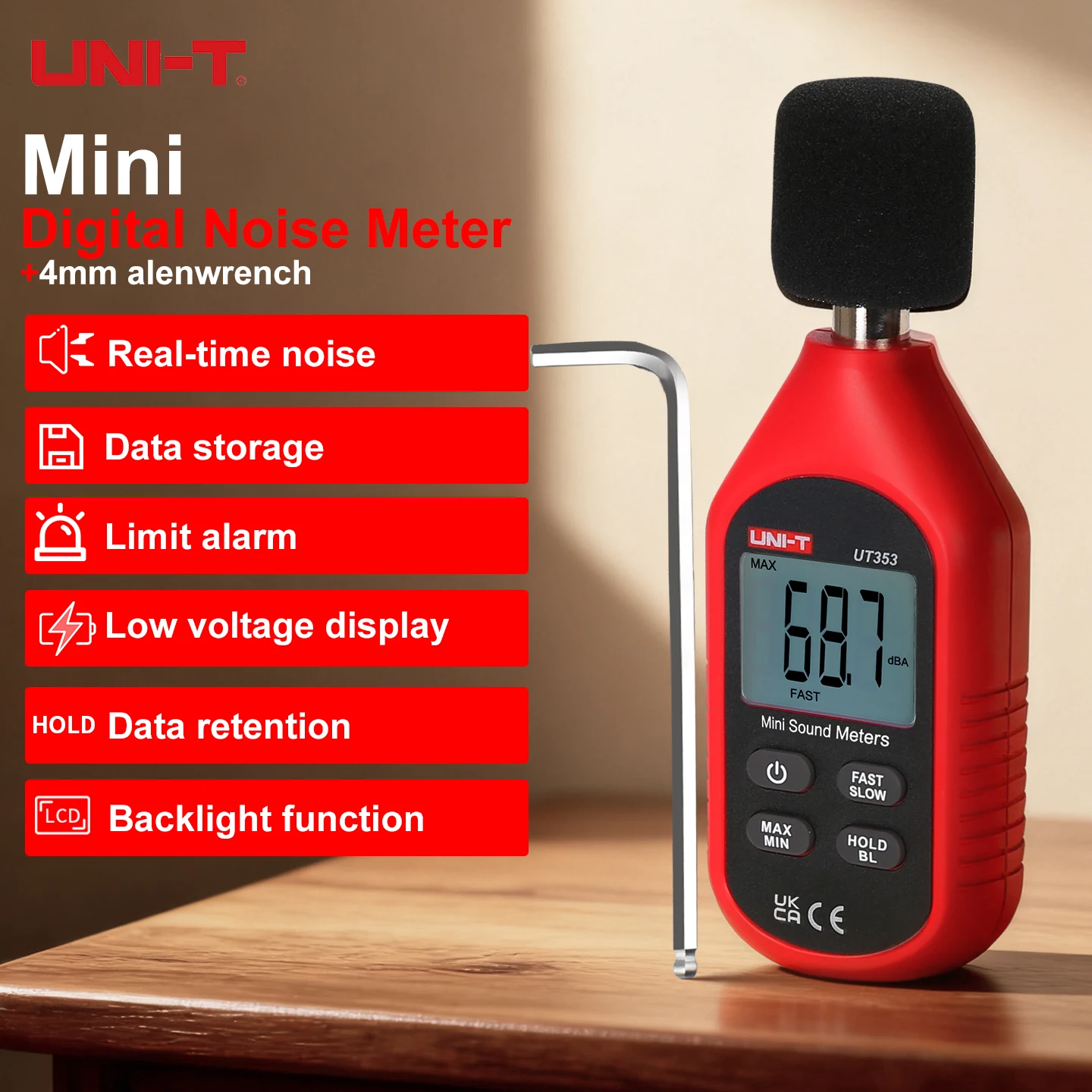 Medidor de Ruido Digital UNI-T UT353/UT353BT, Medidor de Nivel de Sonido en Decibeles 30-130dB con Bola Antiviento, Almacenamiento de Datos, BT