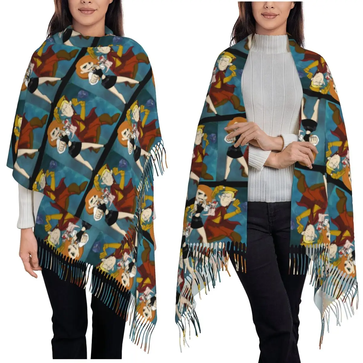 

Ким Possible Who, аниме-дизайн, классический шарф, шарфы с кисточками для женщин, мягкие теплые шали и накидки, длинная осенне-зимняя шаль