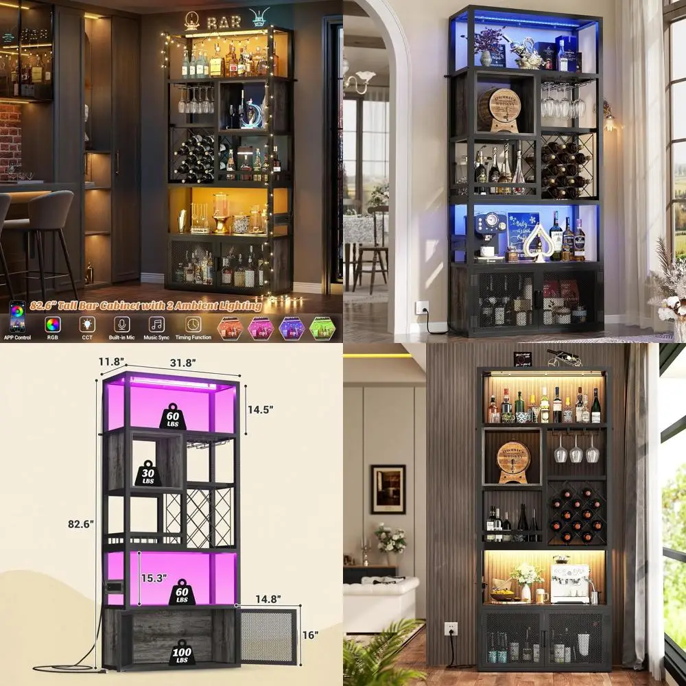 

82.6" Tall Bar Cabinet with Power Outlets, 6-Tiers Reversible Wine Cabinet with LED Lights, Glass Holder & Wine Rack, Liquor Sto
