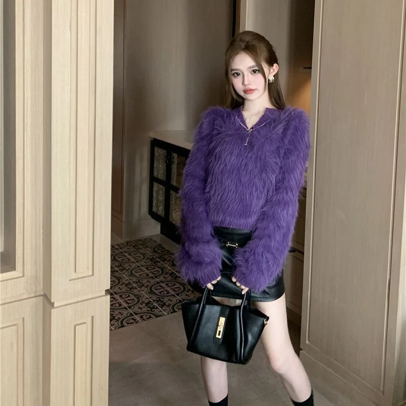 

V Neck Knitted Sweaters for Women Long Sleeve Original Fashion 2025 Wear To Work Japanese Style Clothes Purple Female Pullover