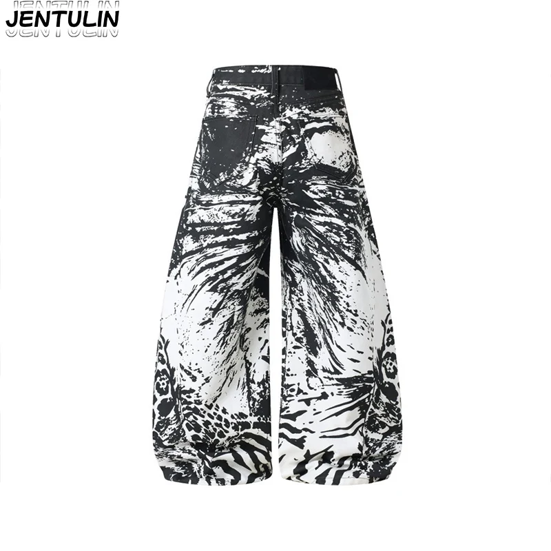 American Retro Digital Print Ink Animal Print Wide Leg Jeans For Men Loose Street Floor Pants Harajuku Women's Sportswear Pants