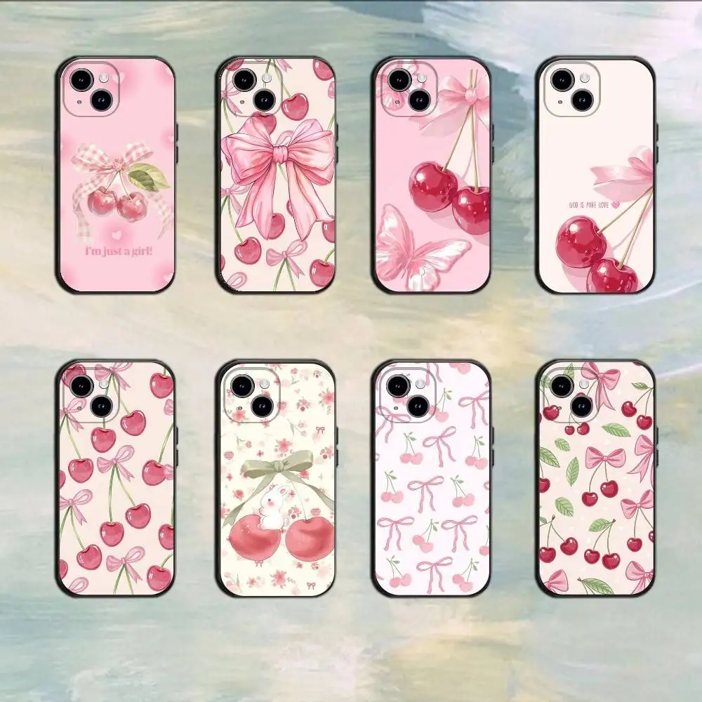Casing iPhone Lucu Motif Buah Ceri Pink Untuk 17 16 15 14 13 12 11 Mini XS XR X 6S 6 Pro Max Plus Hitam Bahan Lembut