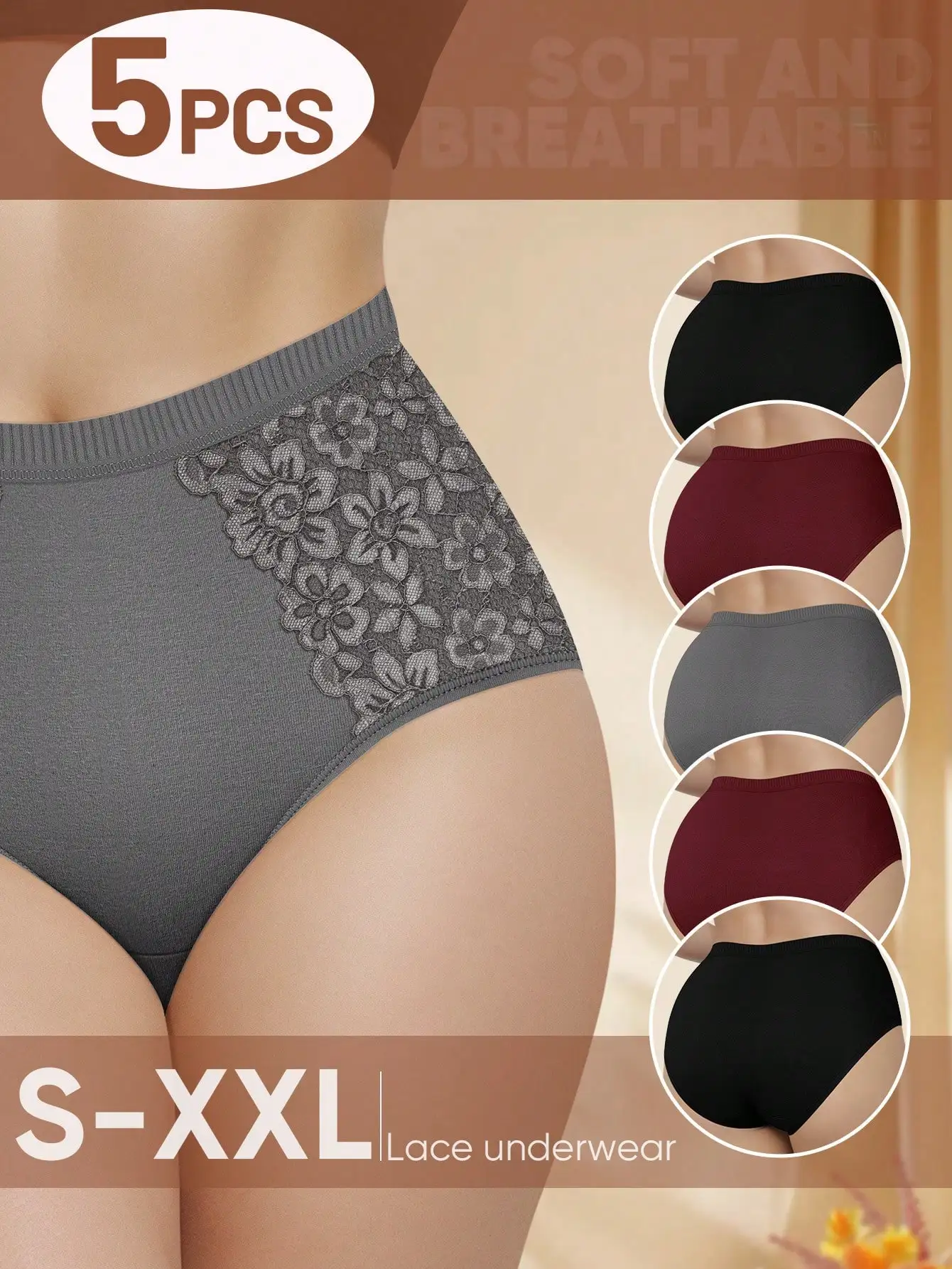 

5pcs Cotton Solid Color Women's Briefs, Lace Comfortable Underwear