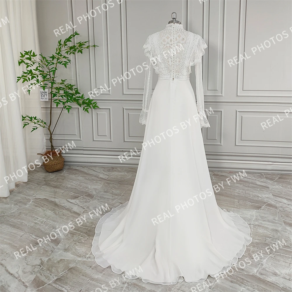 18266 #   100% personalizado simples highe pescoço varredura trem chiffon vestido de casamento boho ilusão voltar vestido de noiva para mulher 2024