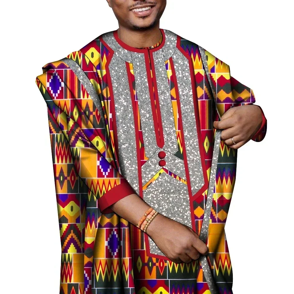 

African Dashiki Men Outfit Nigerian Agbada Robe Suit 3 Piece Set Loose Coat and Fit Shirt and Pant Abaya Bazin Riche Men WYN1640