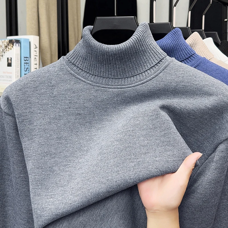 Men's Solid Color Wool Sweater with Winter High Neck and Thick Cashmere Sweater Men's Knitted Cashmere Base Sweater Top