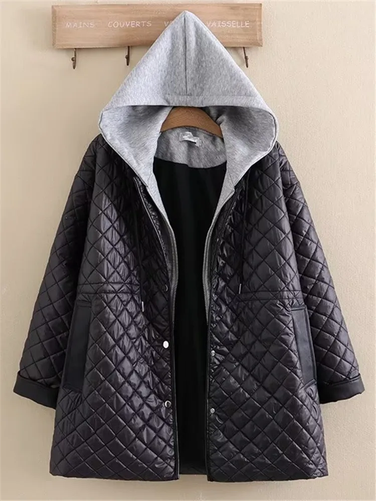 Plus Size Women\'s Clothing Autumn And Winter Jackets Hooded Long Sleeves Diamond Plaid Quilting Interlayer And Cotton Thickening