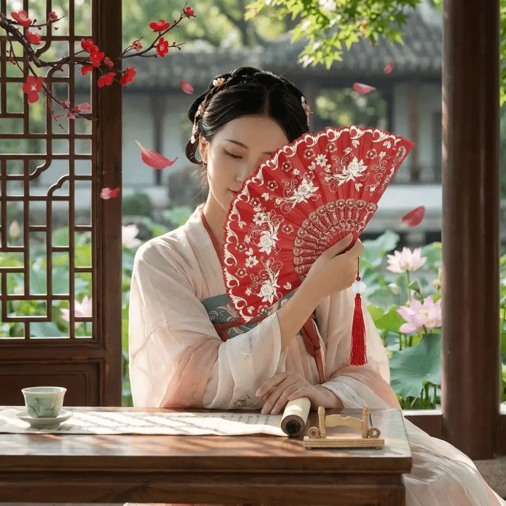 Multipurpose Vintage Style Silk Hand Fan Floral Pattern with Tassel Dance Fan Decorative Handmade Handheld Fan Wedding Party