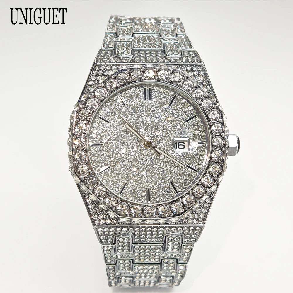 Reloj de lujo a la moda con diamantes helados para hombre, marca superior UNIGUET Hip Hop Bling, reloj de fecha resistente al agua para accesorios elegantes, nuevo de 2025