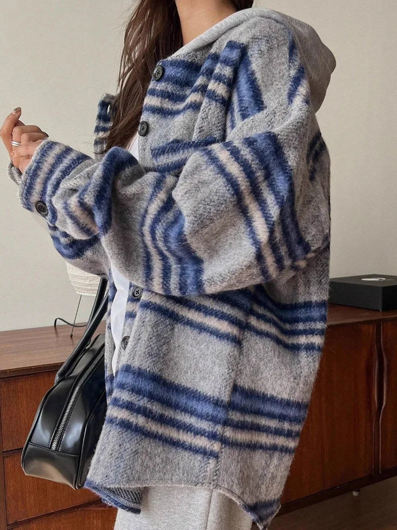 

Thiened Lazy Casual Plaid Spliced Color Hooded irt Jaet Women's Korean Sle Loose Fit Long Sve Winter Coat