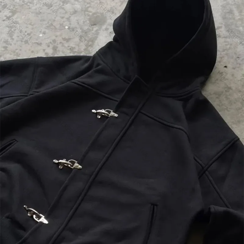 American street fashion trend chic button up hoodie black loose fitting men's and women's versatile long sleeved sweatshirt emo - view 3