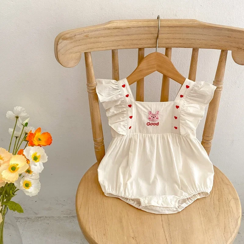 الوليد طفلة رومبير الكشكشة أكمام ساحة طوق أرنب التطريز مريلة من القطن Playsuit ملابس الصيف 0-24 أشهر