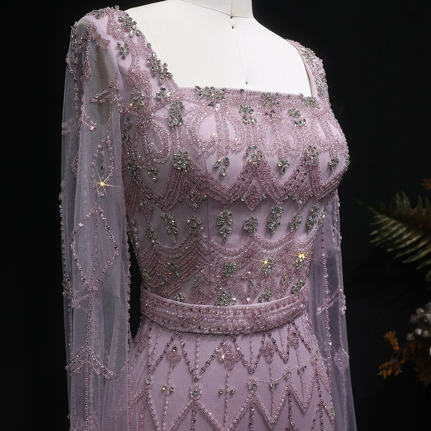 Sharon Said Luxuriöses Kristallrosa Quadratisches Abendkleid mit Cape-Ärmeln, Türkis, Arabische Damen Hochzeitsfeierkleider SS089, Anpassbar – Detail 18