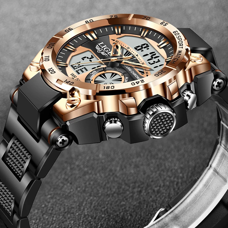 LIGE Top Brand Luxury Electronic Quartz Man Watch Fashion Dual Display Waterproof Luminous Men Watches Week Sports Watch For Men