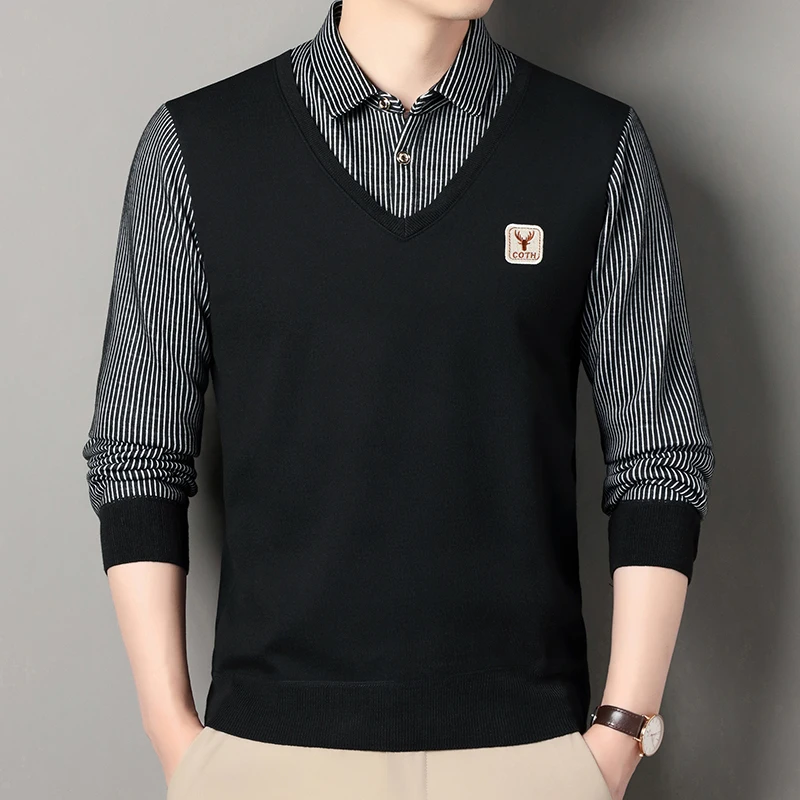 

2026 Spring Men's Knitwear Shirt Collar Sweater Pullover Autumn Winter Fake Two Piece Shirt Sweater Men Business Casual Clothing