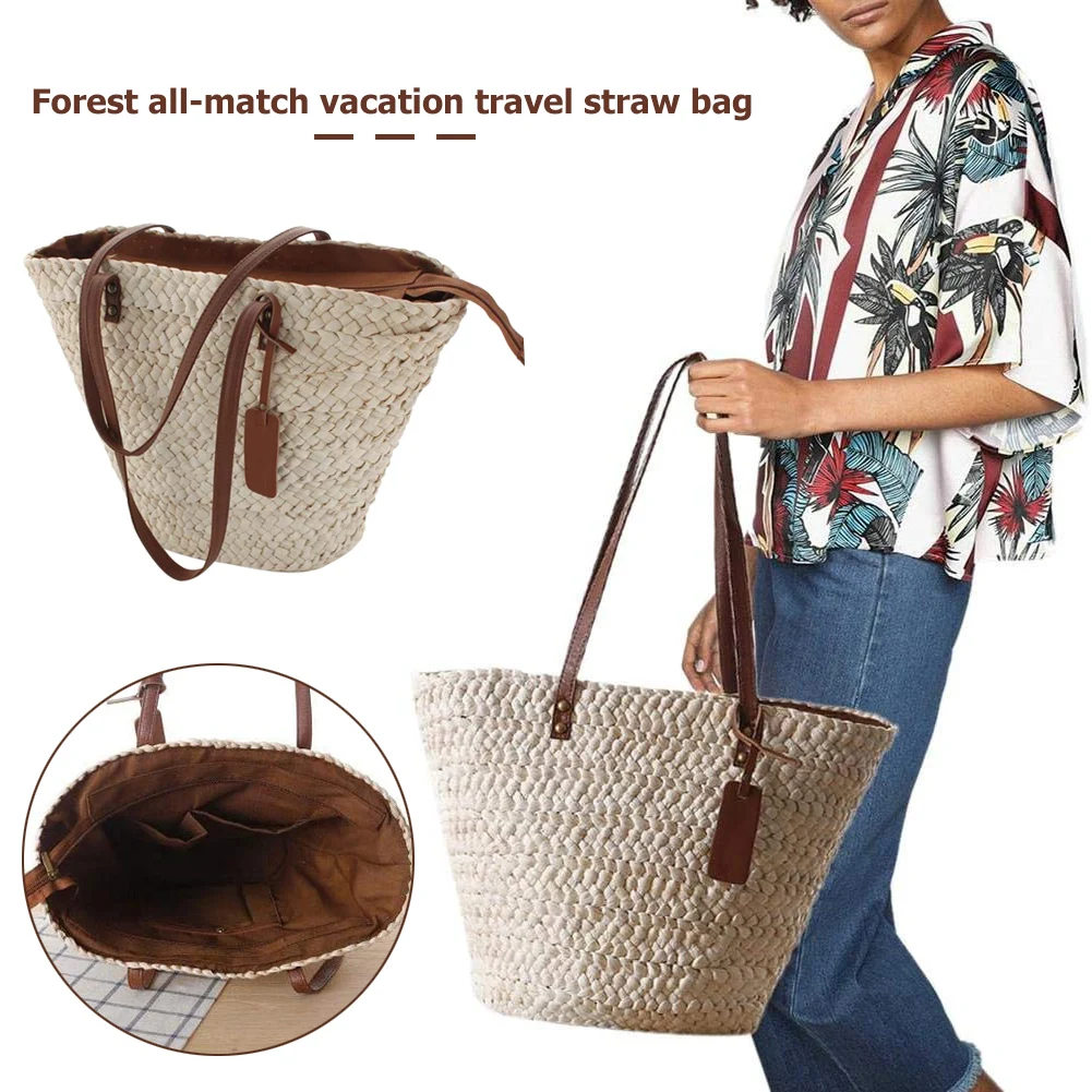 Women Beach Woven Shoulder Bag Holiday Vacation Tote Travel Female Shopping Bag