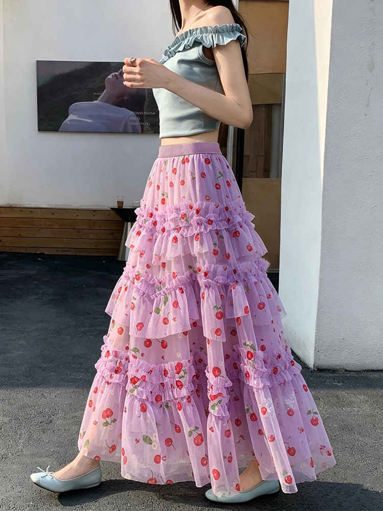 Summer High-Waisted Tulle Maxi Skirt Korean Fashion Asymmetrical Hem Patchwork Colorful Layered Print Skirt for Women