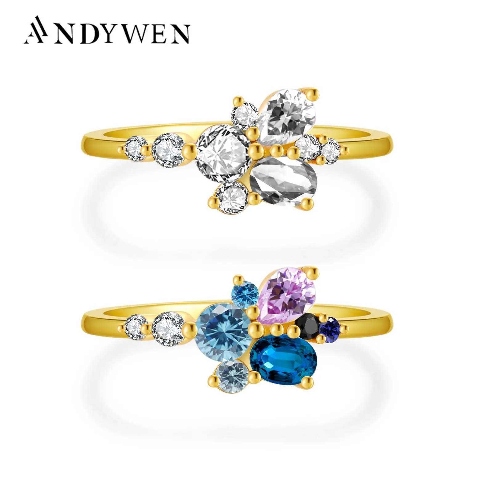 ANDYWEN 925 Sterling Silver Gold Clear Water Ring Flower Blue Circle Women Crystal New Spring 2022 Luxury Fine Jewelry