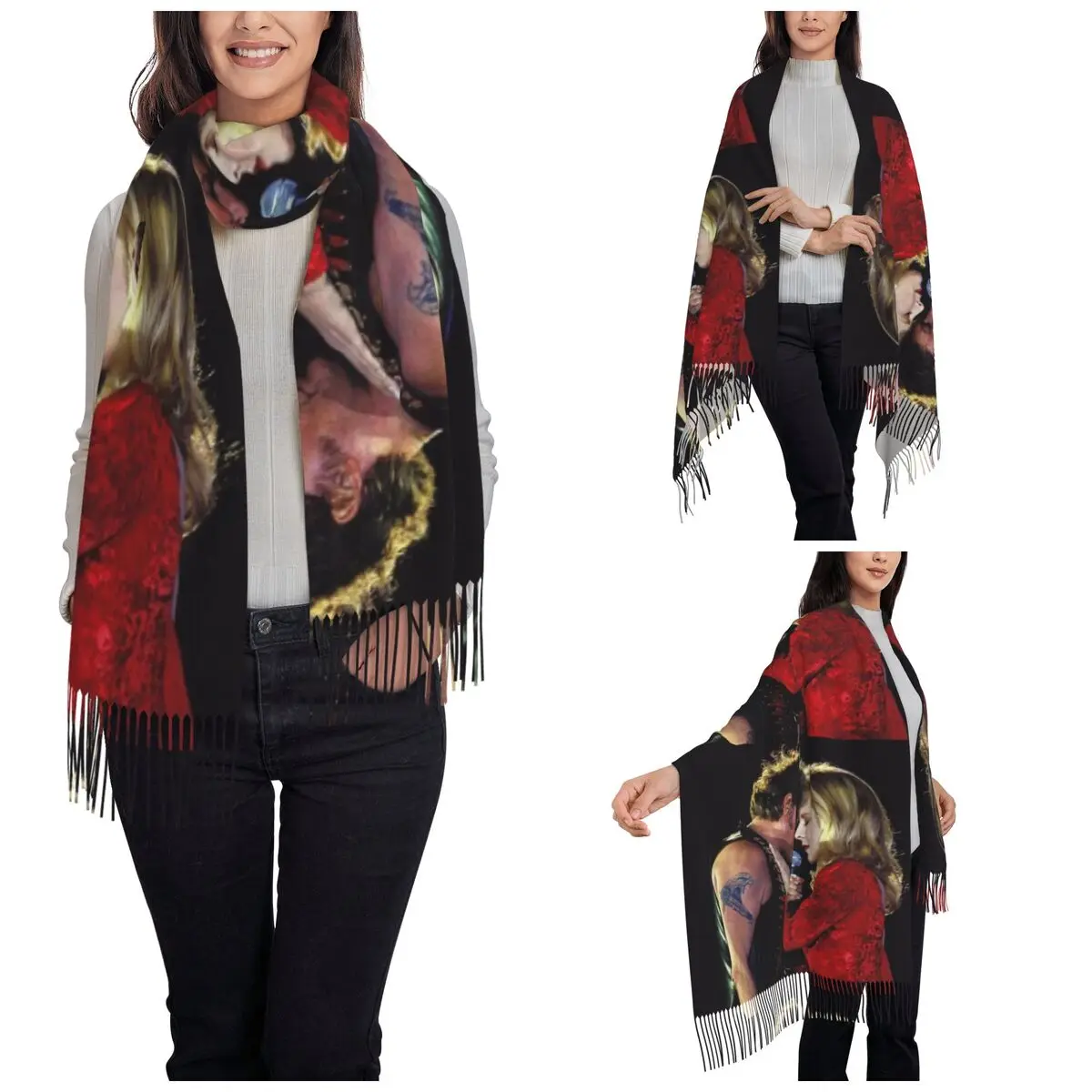 Johnny Hallyday And Sylvie Scarf for Women Winter Cashmere Shawls and Wrap Rock Music French Singer Long Shawl Scarf Daily Wear