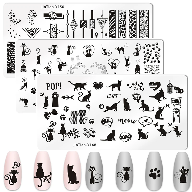 Cartoon Animals Nail Art Stamping Plates Cute Cat Leaves Flower Geometric Stripe Line Artist Image Stencil Mold Printing Tool