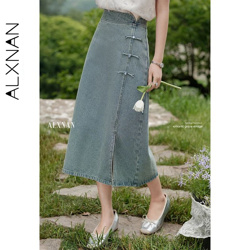 

ALXNAN Blue Denim Skirt Elegant Long A-line Straight Slit Women's Skirt 2025 Autumn Cotton Casual Midi Ladies Clothing L55656