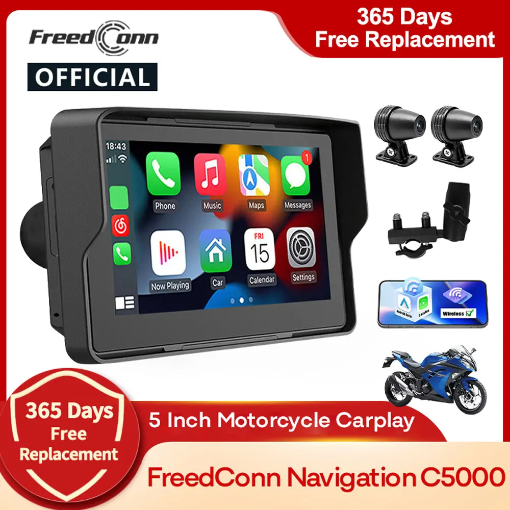 Freedconn C5000 네비게이션 오토바이 Carplay DVR 블루투스 자동차 놀이 5 인치 디스플레이 무선 안드로이드 자동 모니터 방수