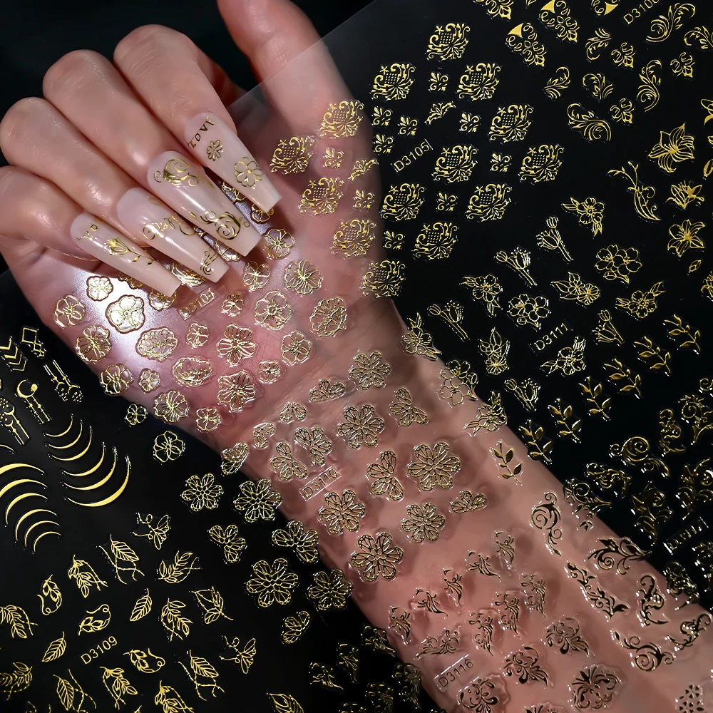 30 Uds. De pegatinas 3D para decoración de uñas con flores/hojas/encaje doradas bronceadas, 5,5x6,2 cm, pegatinas geométricas blancas/plateadas/negras para manicura de boda de lujo