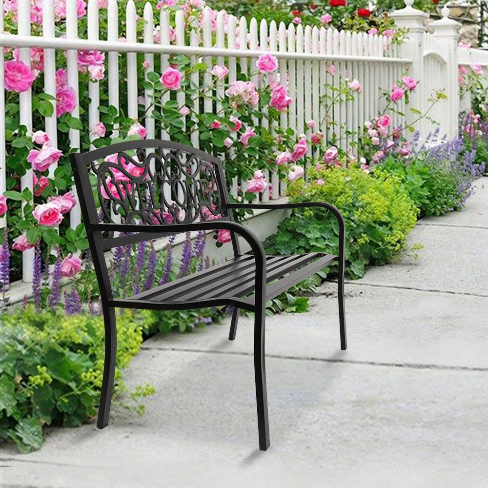 Outdoor Garden Bench, 50 inch Cast Iron Metal Loveseat Chairs with Armrests for Park, Yard, Porch, Lawn, Balcony, Backyard