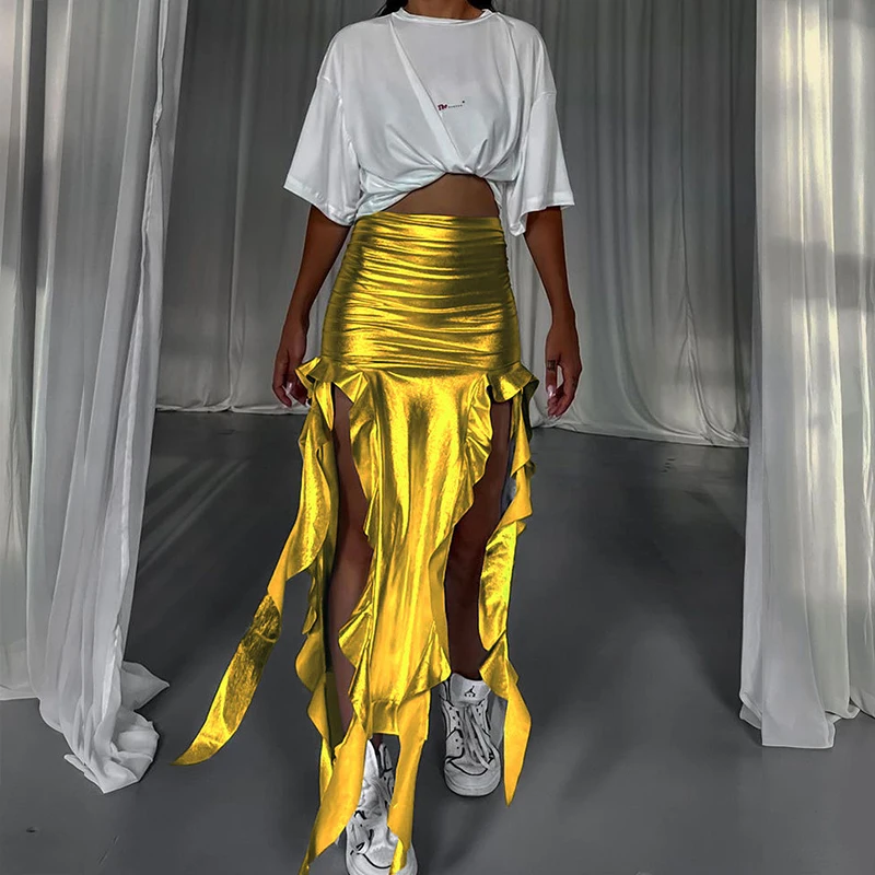 الصيف مثير بولي تنورة تنورة ملابس حريمي الشارع الشهير موضة عادية غير المتماثلة انقسام تنورة ضئيلة حفلة أنيقة عالية الخصر التنانير الإناث