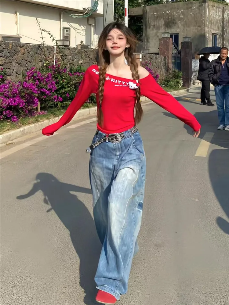 

Extended Length Bananas Bend Knife Low Waist Wide Leg Jeans Women's Loose Slimming American Retro Spring Autumn Denim Pants