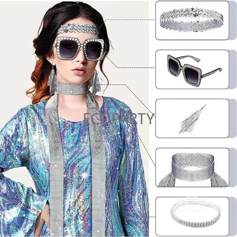 70s Disco Party Decorations Disco Earrings Ball Costume Mirrorball Necklace and Sunglasses Rave Party Accessories 6 Piece Set