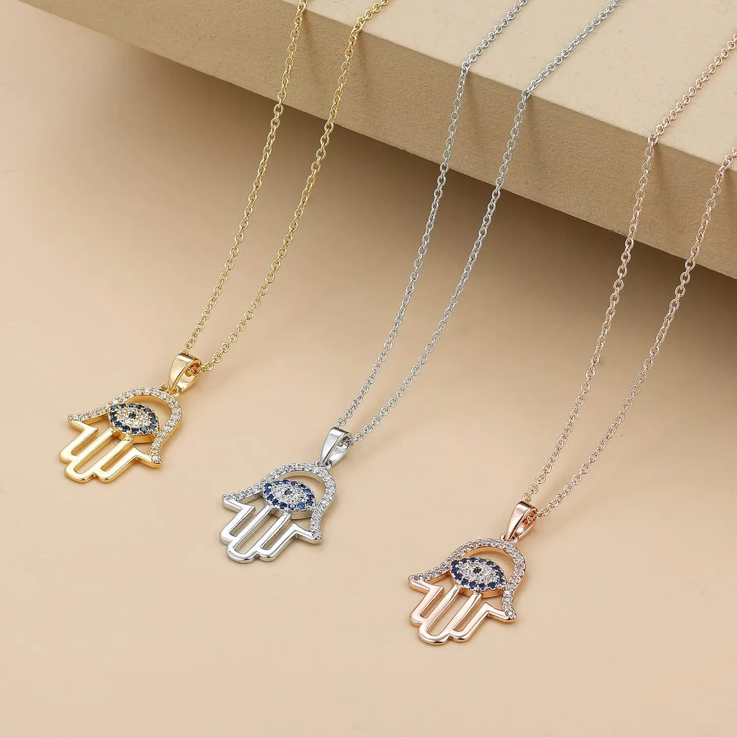 2025 Evil Eye Hamsa Hand Necklace 14k Gold Plated Third Eye White Blue Cz Womens Pendant Necklace