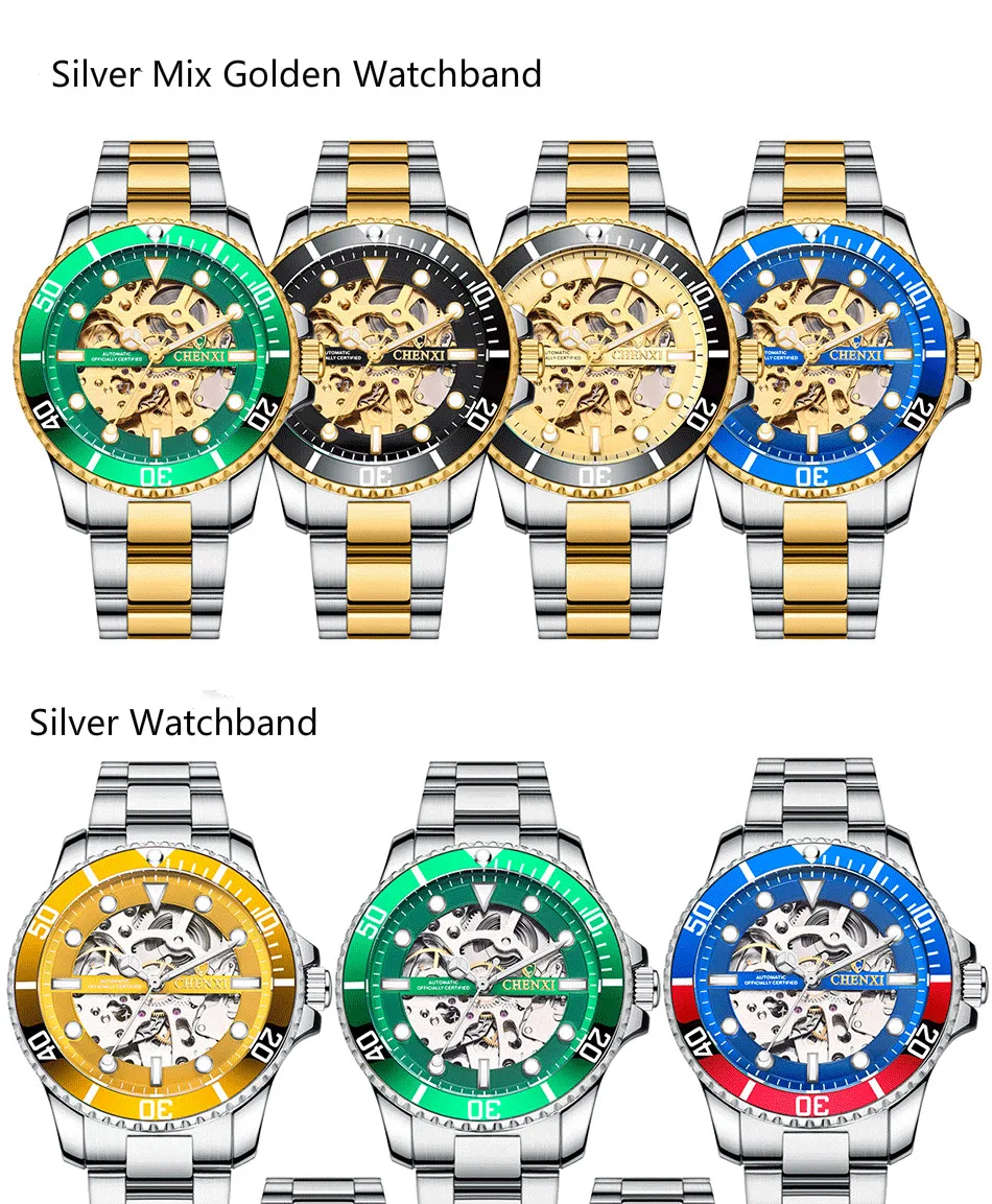 CHENXI-Reloj clásico para hombre, pulsera mecánica automática con esfera giratoria, color verde, esqueleto dorado de lujo, de imitación