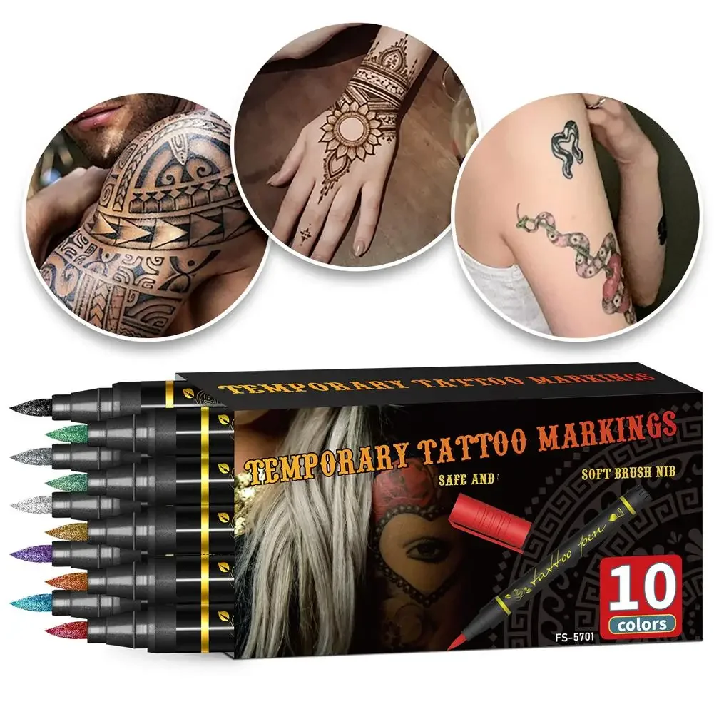 Temporary Tattoo Markers For Skin,Dual-End 10 Colors Tattoo Pens,Brush Tip Bright Colors,Face Paint Body Marker Halloween Makeup