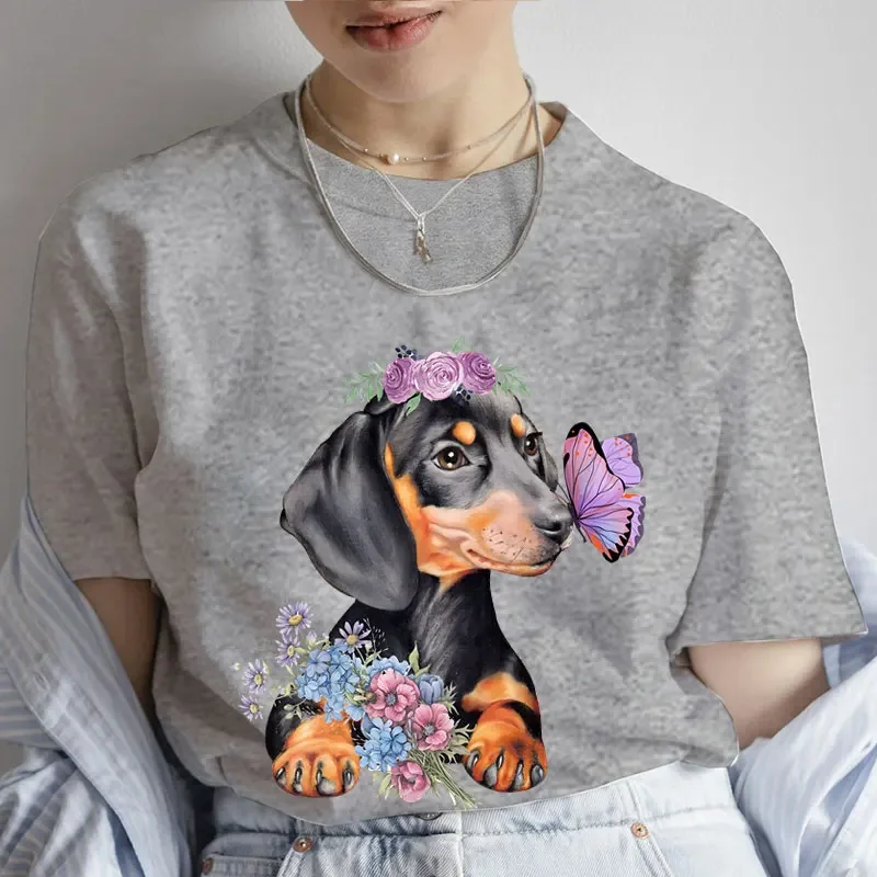 Fashion Cartoon Dachshund Clothes Graphic Dog Lover Print T Shirt for Women Casual Crew Neck Short Sleeve Plus Size Tshirt Women