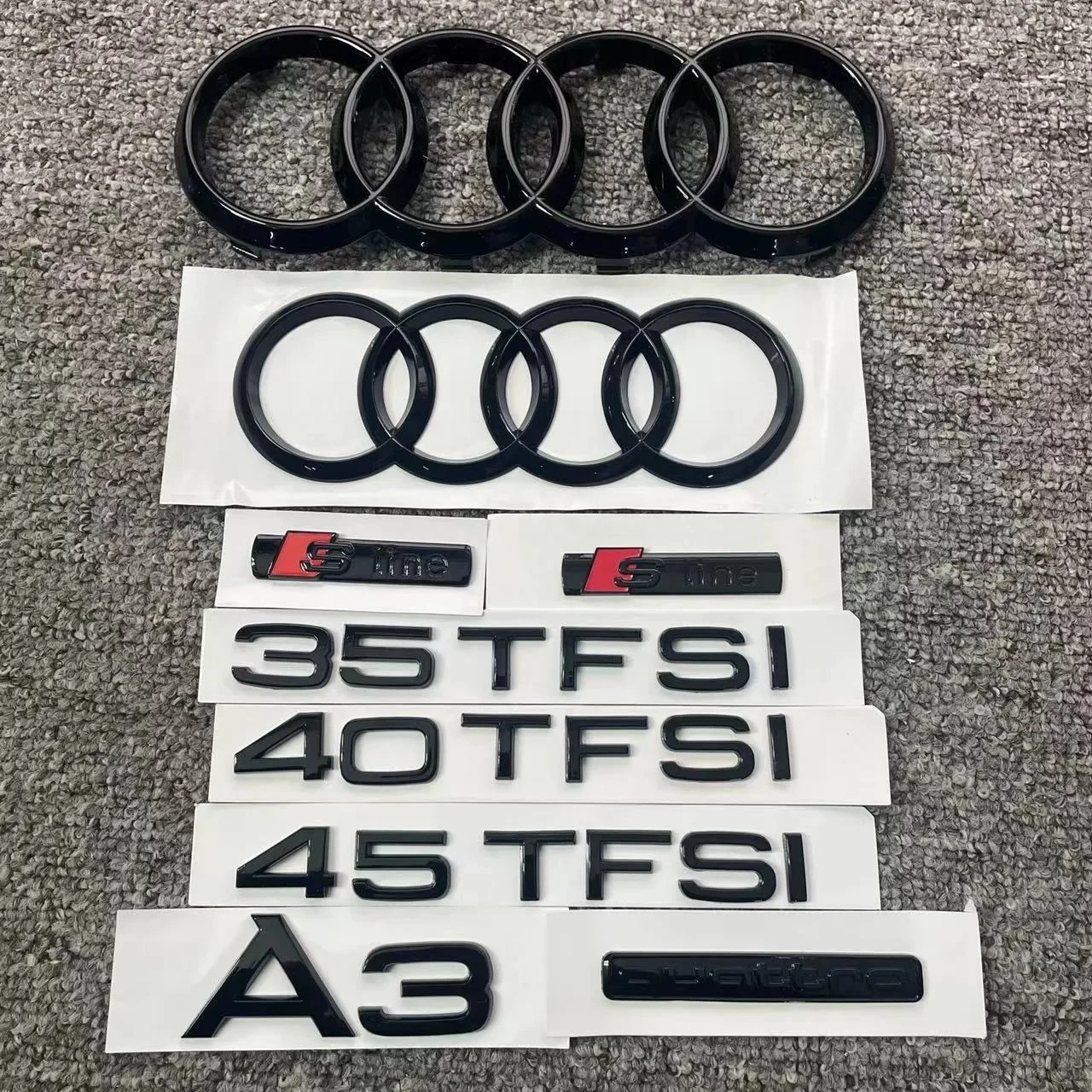 AUDI A3 4-Ring logo ABS Black Car Hood Front Bonnet Grill Rear Trunk Emblem Badge Sticker A3 mark Quarrto Emblem 50TFSI Sline