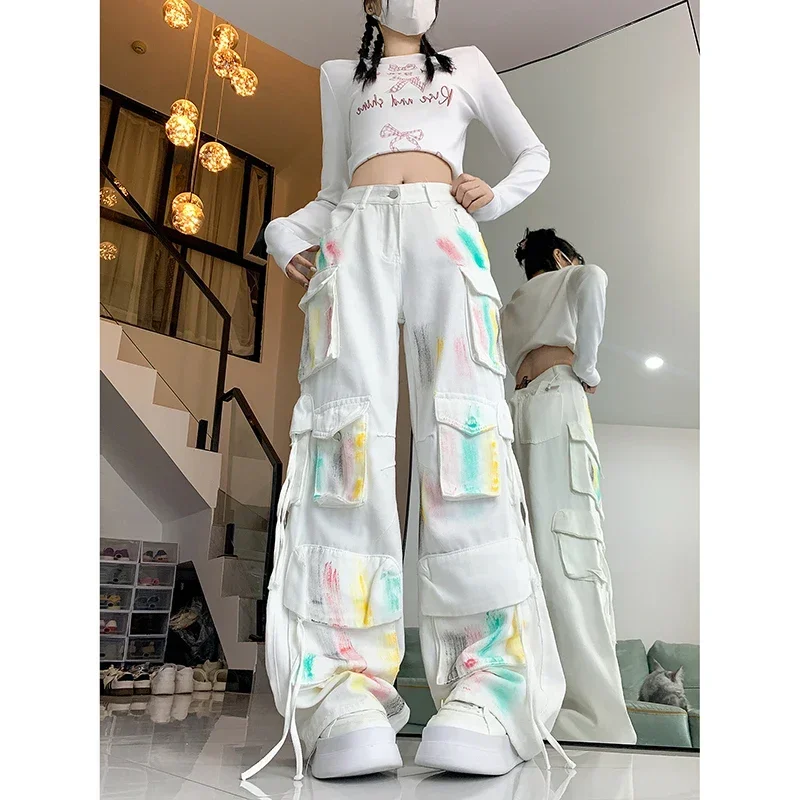 

Women Vintage Painted Graffiti Cargo Jeans American Retro Y2k Scrawl Wide Leg Denim Pants Streetwear Mutil Pockets Trousers