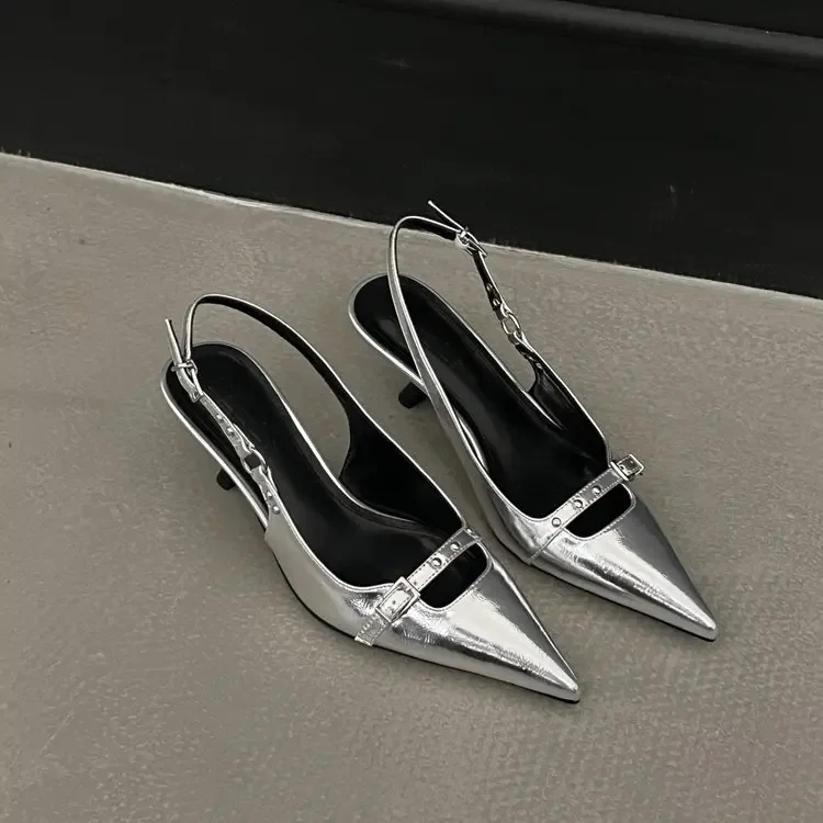 Fashion Slingback Sandals Women Med Heels Pumps Rivet Shoes Elegant Pointed Toe Female Mules Dress Slides Denim Sandalias