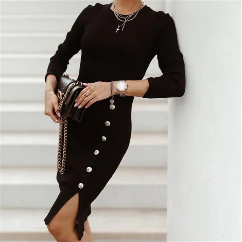 2023 Sexy Bodycon Schlitz Gestrickte Kleider Frauen Herbst Langarm Hohe Taille Taste Midi Kleid Elegante O Neck Elastische Party