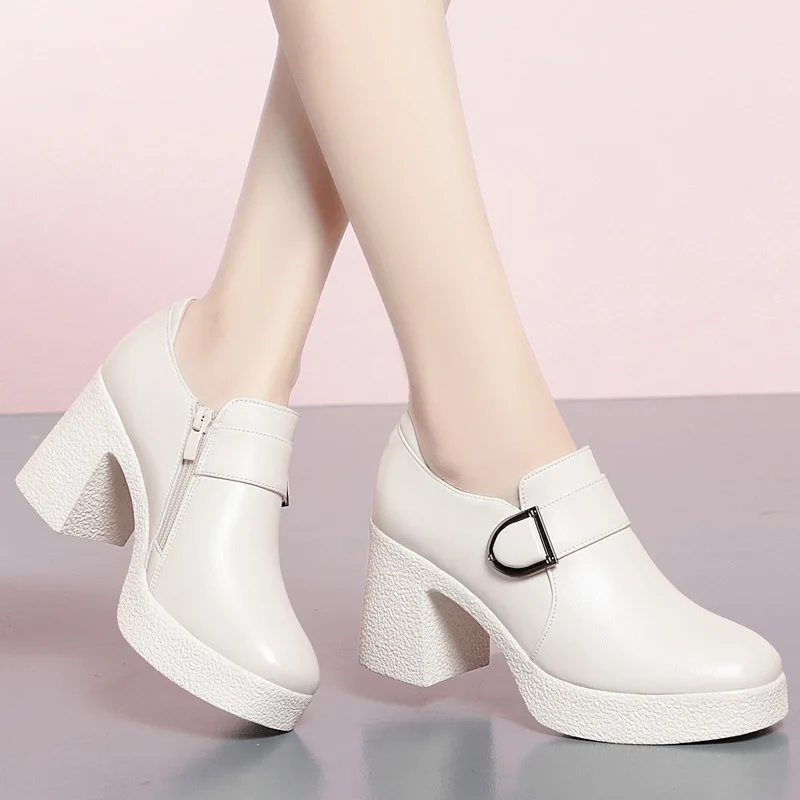 Zapatos de tacón alto de cuero genuino para mujer, zapatos individuales de plataforma, tacón de bloque, cuero suave, Mary Jane, nuevo, 2023