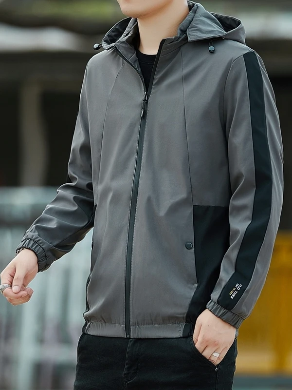 Men's Casual Hooded Jaet Spring Autumn Workwear Detachable Hat Versatile Outerwear Polyester Fiber Stand Fit Zipper Closure