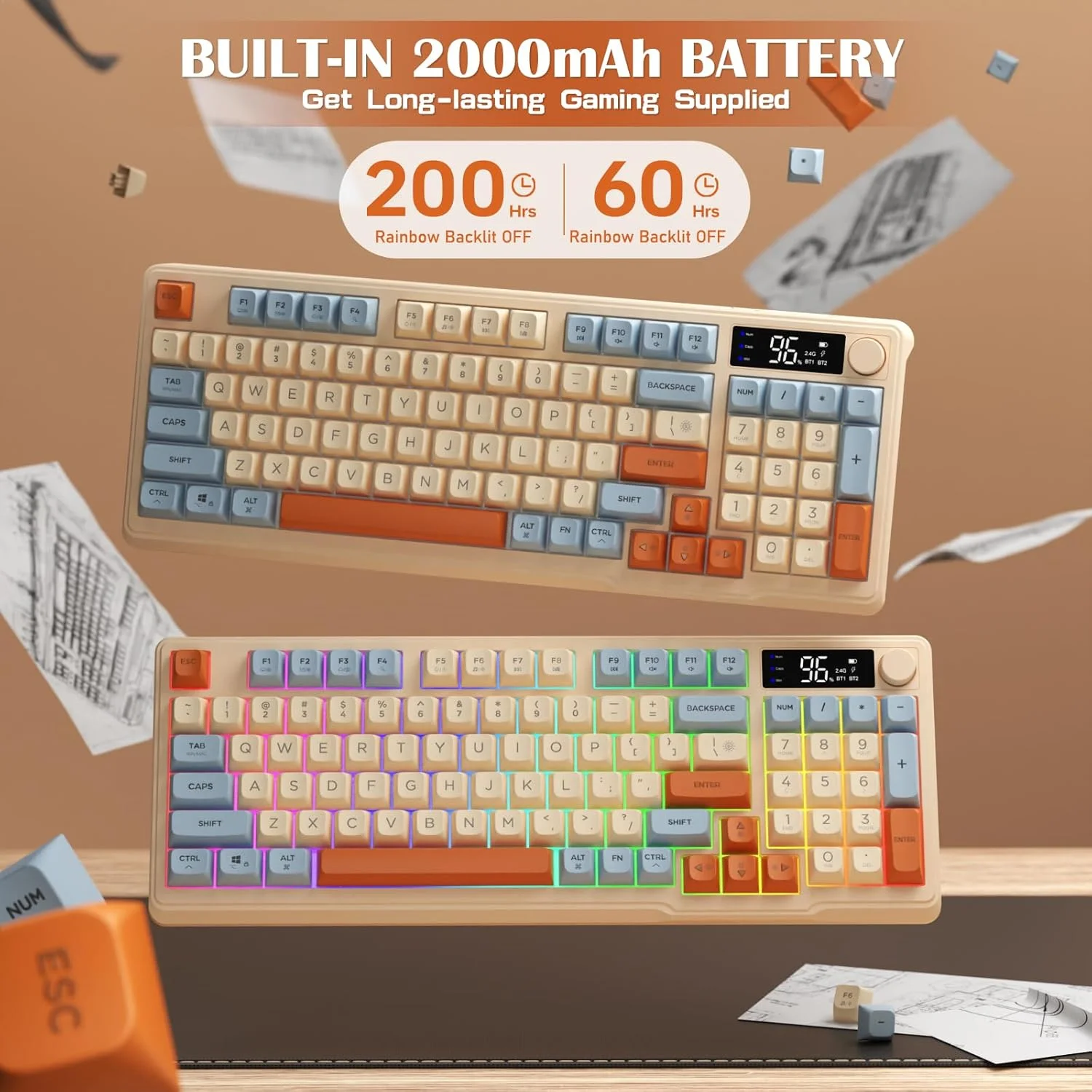 لوحة مفاتيح ألعاب لاسلكية ZIYOU LANG M96 96% غشائية BT/2.4G LED قوس قزح صامت