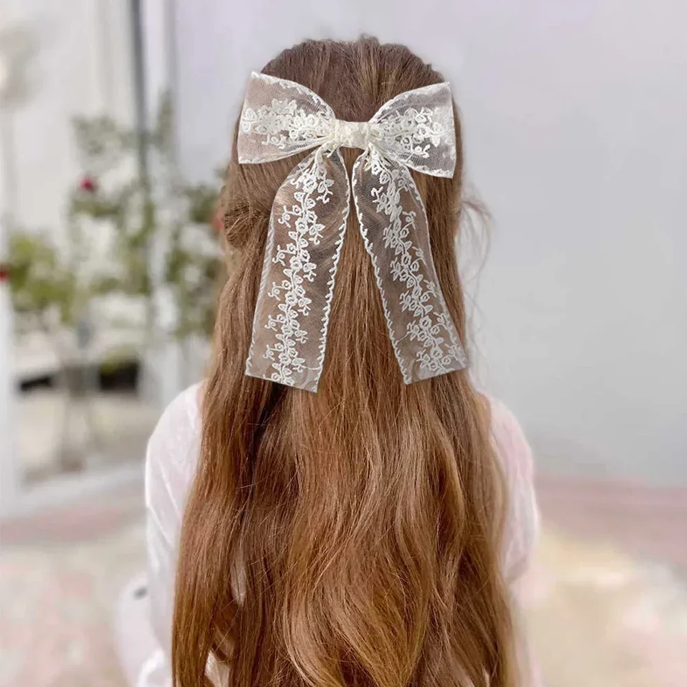 

8 Inch White Long Tassle Bowknot Hair Clips for Women Girls Hollow Lace Flower Elegant Ponytail Hairgripes Hair Accessories