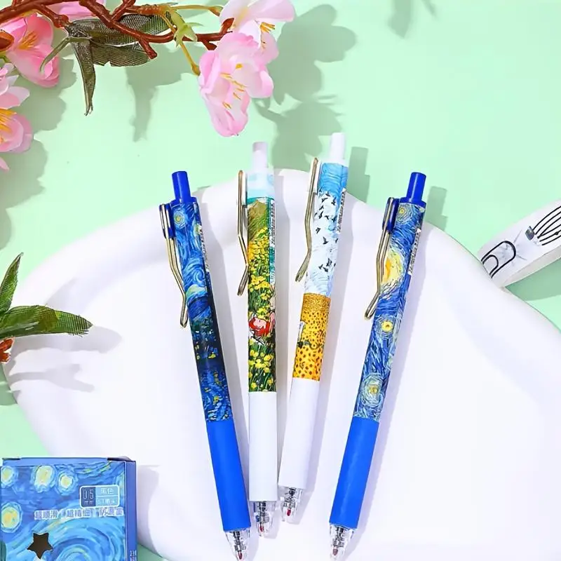 4Pcs Van Gogh Starry Night Pens: High Quality, Retractable, 0.5mm Fine Tip Pen, Smooth Writing - Suitable for Office Diaries and