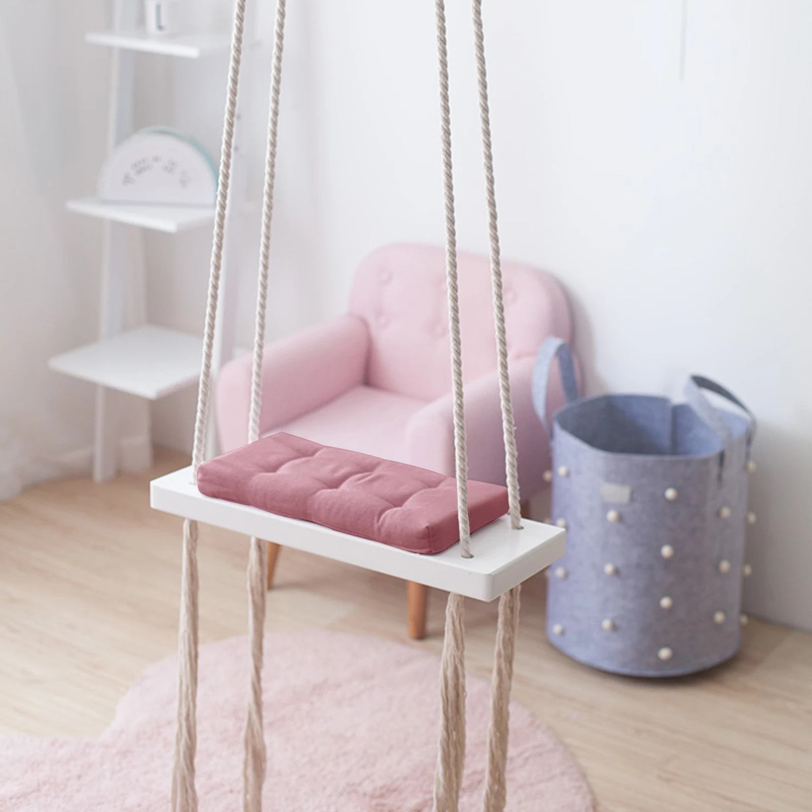 Pink Solid Wooden Swing Solid Wooden Board Cotton Cushion Cotton Rope Swing for Children's Room Decoration