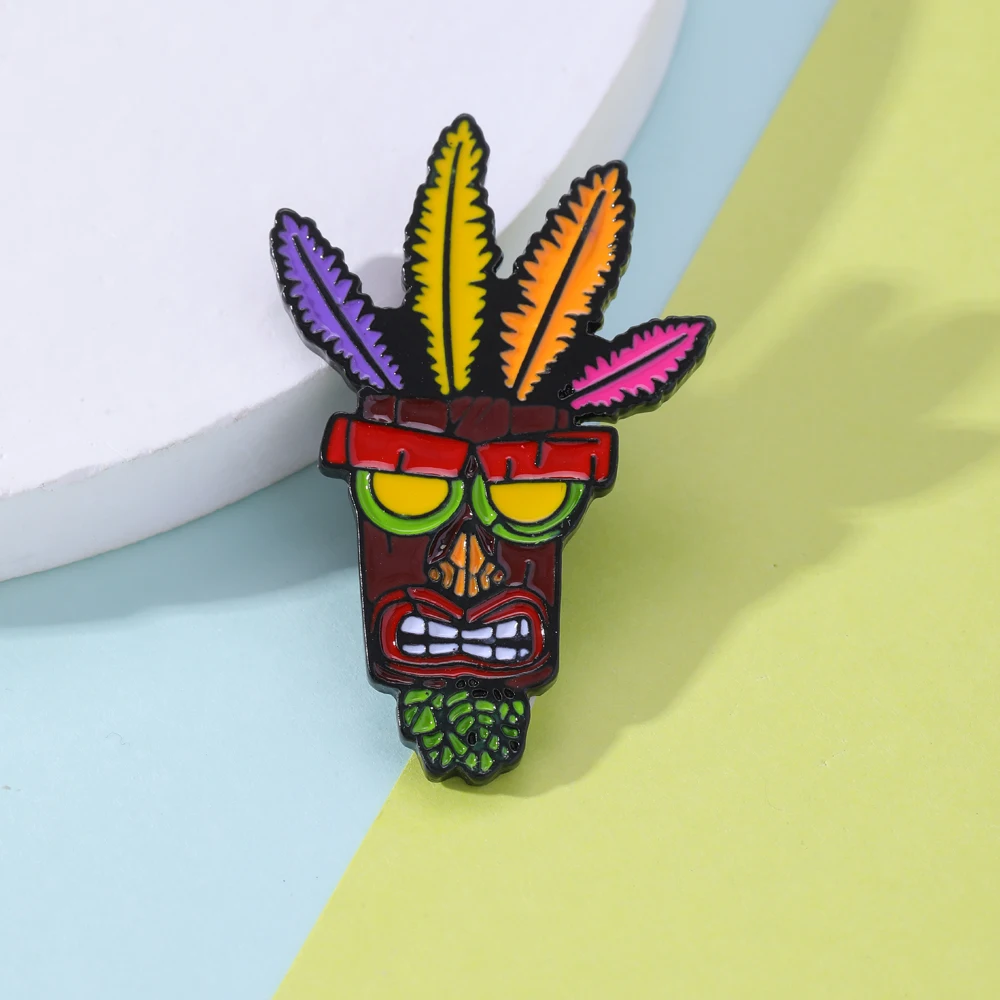 Colorful Crash Bandicoot AKU Mask Enamel Pins Skull Totem Metal Brooches For Gaming Peripherals Man Women Jacket Backpack Gift