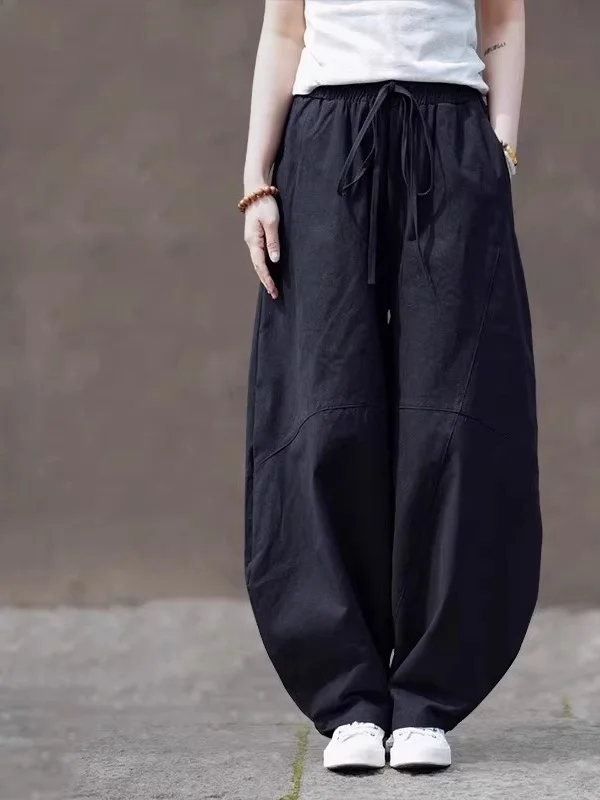 

Loose Cotton Linen Wide Leg Pants Breathable Pure Color Harlan Casual Pants Chinese Sle Summer Leisure Trousers for Teens