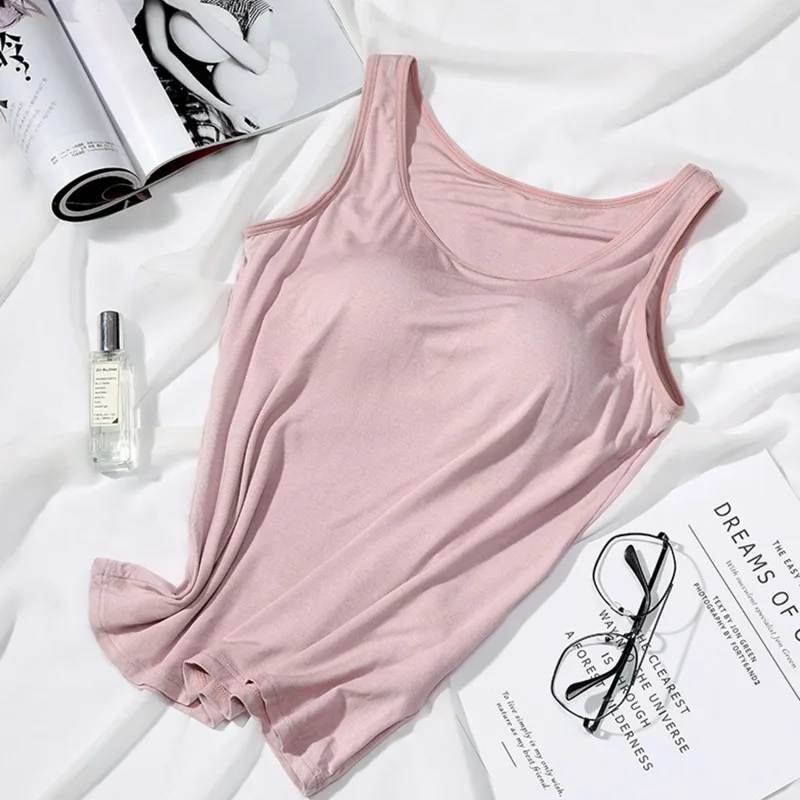 Women\'s Vest Tops With Built In Bra Neck Vest Padded Slim Fit Tank Tops Sexy Shirts Feminino Casual Underlay shirt slimming