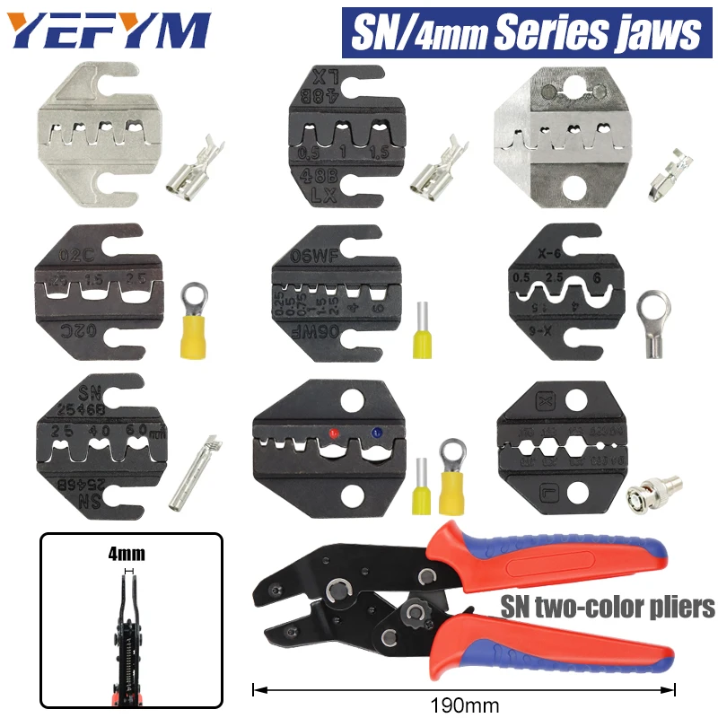 

Клещи для обжима SN/4мм с насадками для изоляционных трубок TAB 2.8, 4.8, 6.3, C3, XH2.54, 2510 (ширина губок 4мм/длина клещей 190мм)