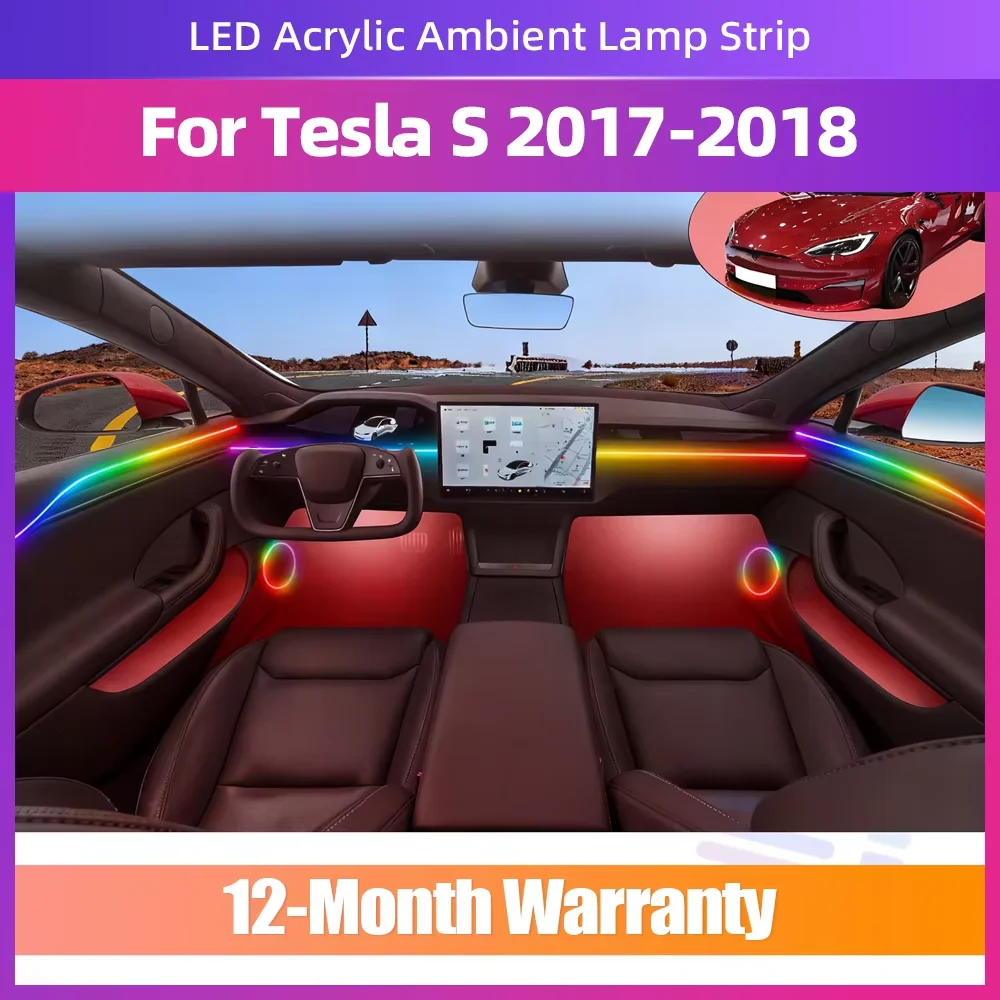 For Tesla Model S 2017-2018 LED Atmosphere Light Kit Acrylic Strip RGB Symphony with APP-Operated Multiple Modes Mood Lighting